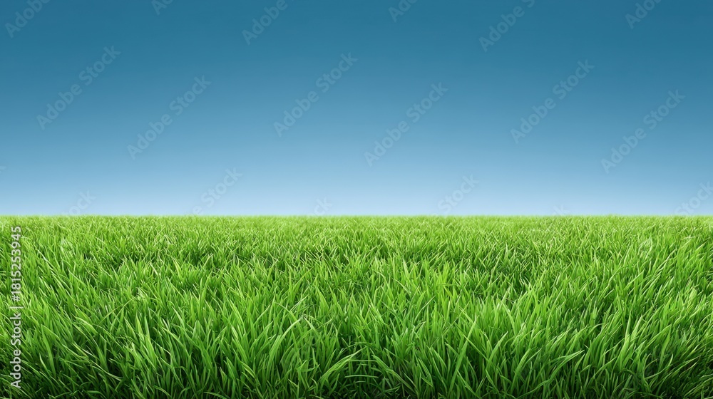 Fototapeta premium Lush Green Grass Under Clear Blue Sky, Vibrant Landscape with Freshness and Nature's Beauty, Perfect for Outdoor and Environmental Themes
