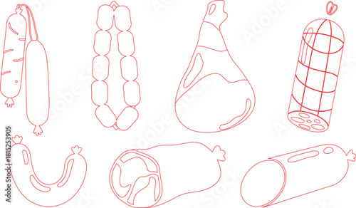Red Outline Drawing of Seven Different Types of Meat and Sausage Cuts