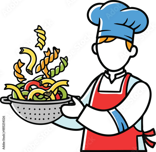 Chef Holding A Colander Filled With Colorful Pasta In A Kitchen Setting