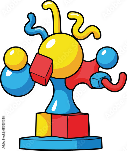 Abstract Sculpture Vibrant Primary Colors Yellow Blue Red with Geometric Shapes and Organic Curves on White Background
