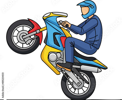 Man Performs Wheelie On A Blue Yellow And Red Motorcycle Wearing Blue Helmet And Denim Jumpsuit