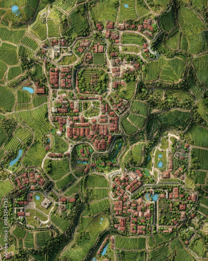 Obraz premium Aerial View of Lush Green Landscapes with Vineyards and Rustic Villages Surrounded by Serene Water Bodies and Rolling Hills