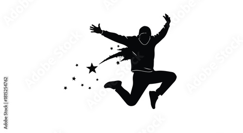 Energetic silhouette of a person jumping for joy with stars and paint splash effect