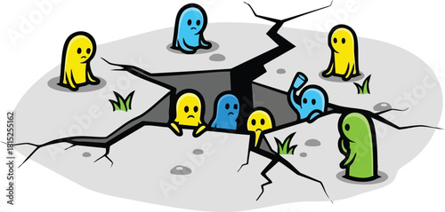 Cartoon Characters Cowering Near A Large Crack In The Ground With Some Characters Stuck Inside