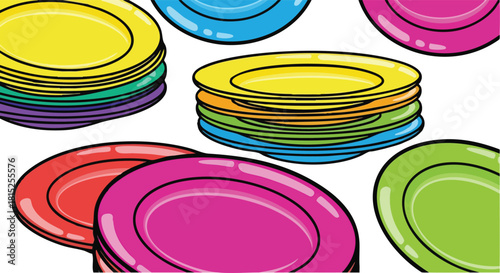 Colorful Pixelated Stacks of Plates in Various Bright Hues on a White Background