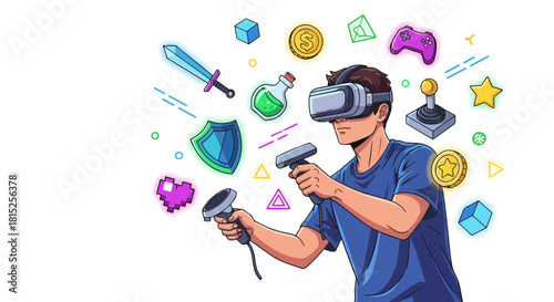 Gamer in VR Headset Surrounded by Floating Game Assets