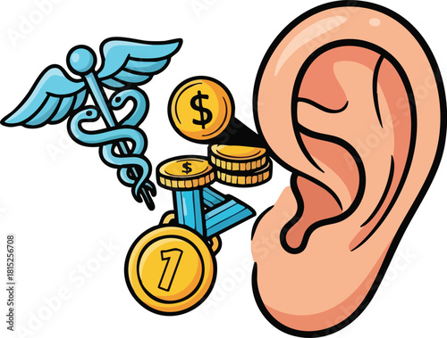 Medical Caduceus And Stacked Gold Coins Entering A Peach Colored Human Ear With A Black Outline