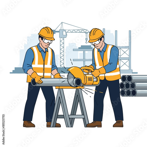 Two construction workers, wearing protective gear, diligently cut a metal pipe with an angle grinder, showcasing teamwork and precision on a busy site.