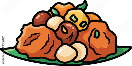 Pixel Art Food Dish With Various Spherical Ingredients And Green Garnishes On A Plate