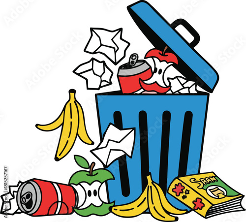 Blue Trash Can Overflowing With Garbage Including Apple Core Banana Peels And Soda Can