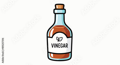 Transparent Glass Bottle of Brown Vinegar with White Label and Cork Stopper on White Background
