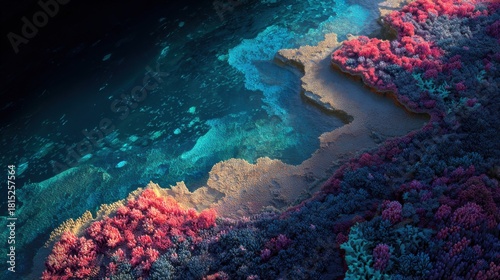 Vibrant Coral Reef Landscape with Diverse Marine Life and Clear Blue Water Beneath a Breathtaking Underwater Ecosystem