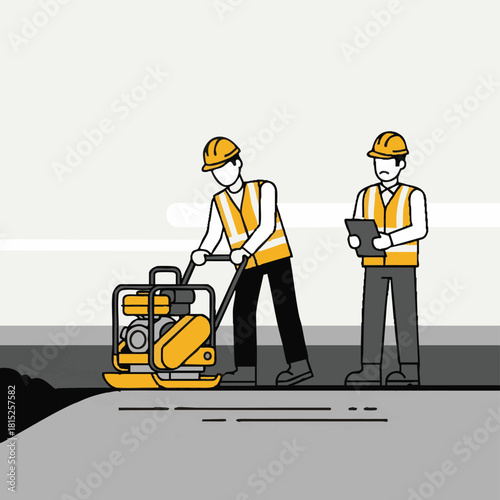 Two construction workers are engaged in road work, with one operating a plate compactor and the other supervising the ground preparation process.