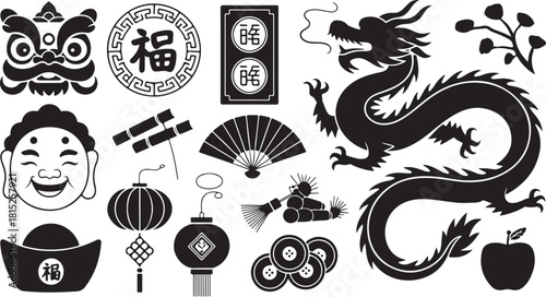 Assorted black iconic objects celebrate the Chinese lunar new year festival with cultural tradition