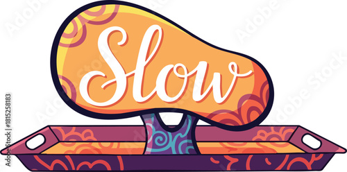 Pixel Art Sign Saying Slow on Ornate Tray With Swirling Patterns