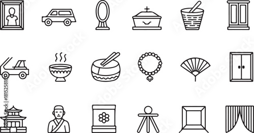 Black line icons showcase several cultural and spiritual objects against a white background transparent