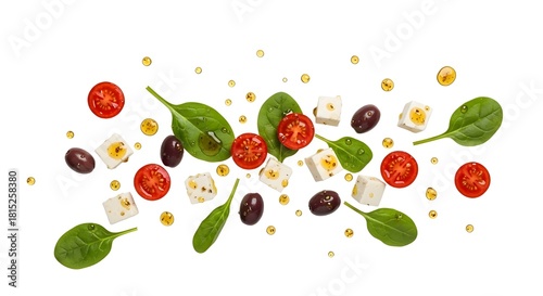 Flying Mediterranean Salad Ingredients Isolated on White Background