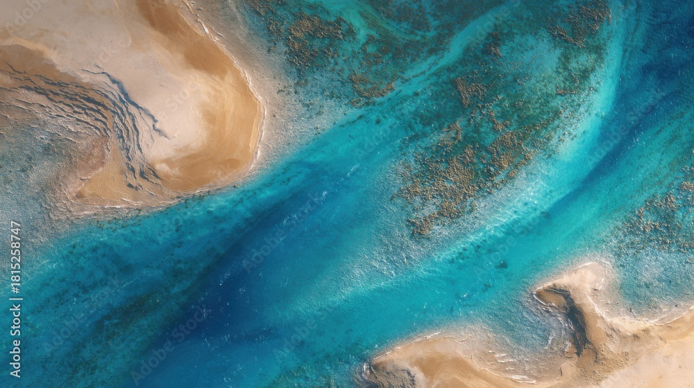 Fototapeta premium Aerial View of Turquoise Water Flowing Through Sandy Shorelines and Vibrant Coral Reefs in a Serene Coastal Landscape