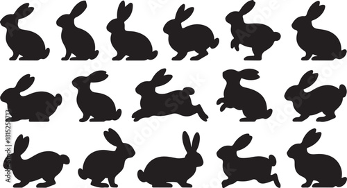 Collection of fifteen different bunny silhouettes are arranged against a transparent background on white