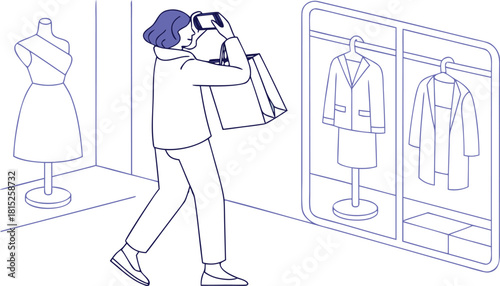 Woman Taking Photo of Mannequins in Clothing Store