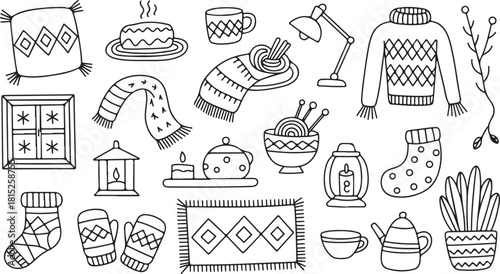 Handdrawn doodle set features cozy winter items and objects in transparent background