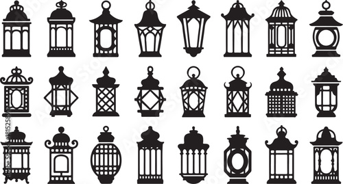 Multiple ornate lanterns showcase an intricate silhouette with a range of shapes on transparent background
