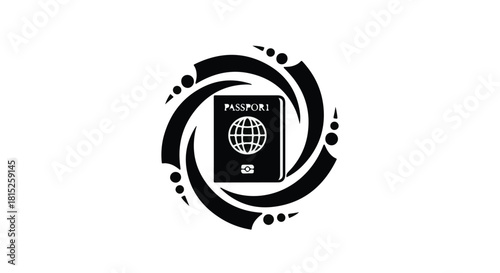 Abstract swirling design surrounds a passport, symbolizing global travel and identity.