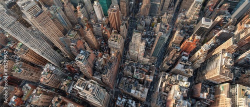 Aerial View of Urban Cityscape with Skyscrapers, Streets, and Rooftops in a Bustling Metropolitan Area during Daylight