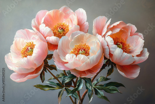 Tender Pink Peonies Captured From Above On Gray Background