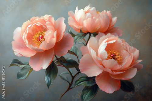 Close-Up Oil Painting Of Gentle Pink Peonies On Gray Surface