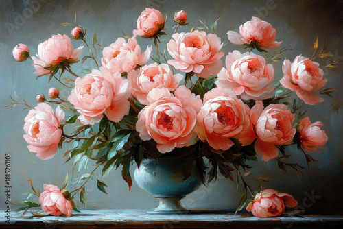 Overhead View Of Delicate Pink Peonies In Oil Painting