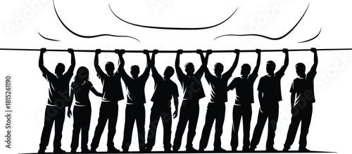 Teamwork silhouette of group people lifting long pole together, unity support cooperation concept illustration for community strength and collaborative effort