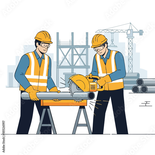 Two diligent construction workers, equipped with safety gear, collaborate to precisely cut a metal pipe using a powerful circular saw on an active building site.