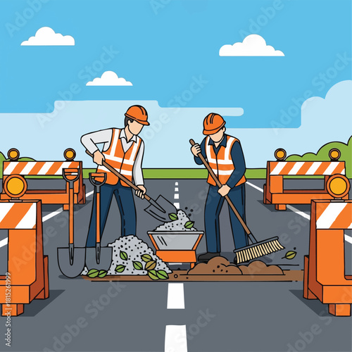 Two road workers in safety vests and helmets clear debris from a street using shovels and brooms, maintaining a clean environment.