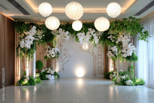 Elegant Floral Arch with Silk Curtains and Butterfly Accent