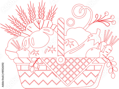 Red Outline Drawing Woven Basket Filled with Harvested Vegetables, Fruits, and Wheat Stalks
