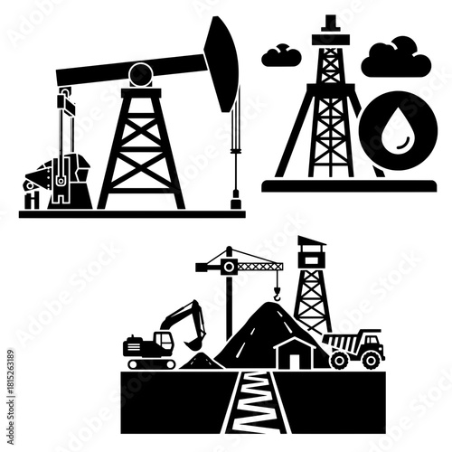 Oil, Gas, and Construction Industry Silhouette Set. Vector Collection of Pump Jack, Drilling Rig, and Heavy Machinery Site.