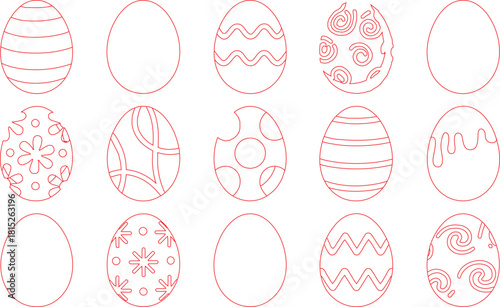 Red Outline Easter Eggs with Various Decorative Patterns for Coloring and Creative Projects