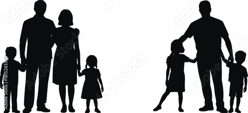 Silhouette of parents and children standing together, family figures holding hands, father mother kids group illustration for concept, design, and artwork use