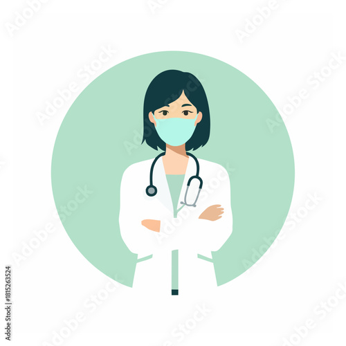Illustration of a female doctor wearing a mask, a conceptual image representing healthcare and medicine