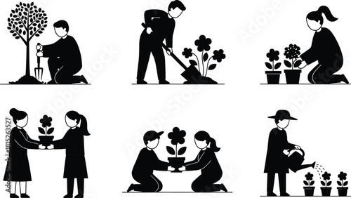 Silhouette people gardening, planting trees, watering flowers, teamwork growing plants, environmental care illustration, nature conservation activity, community garden concept artwork