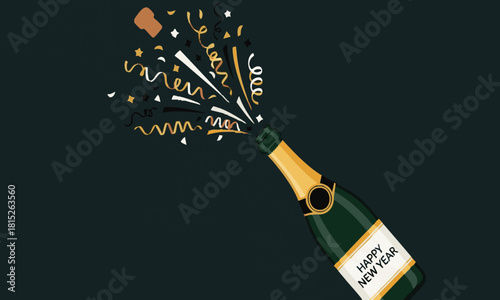 Festive New Year's party background with a popping champagne bottle and exploding confetti