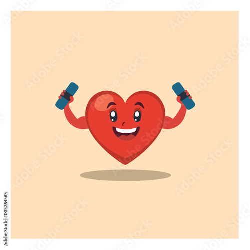 A happy red cartoon heart mascot character lifting blue dumbbells, symbolizing cardiovascular health, fitness training, and a strong, healthy lifestyle concept