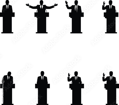 Silhouette set of politicians giving speeches at podium, public speaking, leadership presentation, debate communication, authority figures addressing audience in formal events