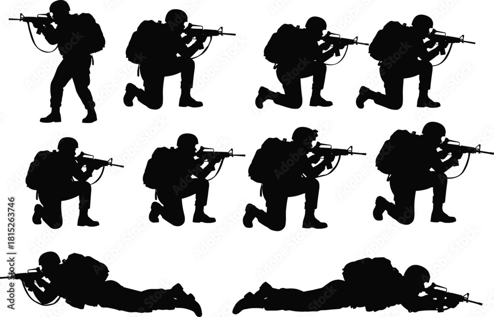 Obraz premium Silhouette soldiers aiming rifles in various tactical positions, standing kneeling and crawling combat poses, military operation illustration for design