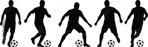 Silhouette set of soccer players dribbling ball, football athlete movement poses, sports action illustration, training skills, competitive game motion graphic