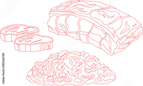 Red Outline Illustration Chunk of Beef, Two Slices, and Pile of Trimmed Pieces on White