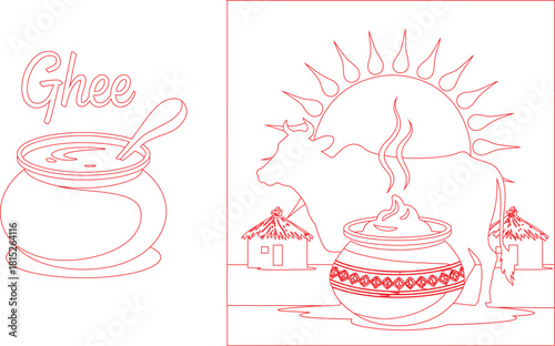 Red Outline Illustration Ghee Pot, Spoon, Sun, Cow, Huts, Traditional Life