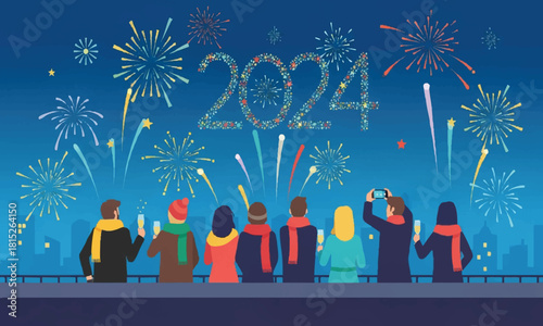 Diverse Group of Friends Celebrating New Year's Eve on Rooftop with Spectacular 2024 Fireworks Display