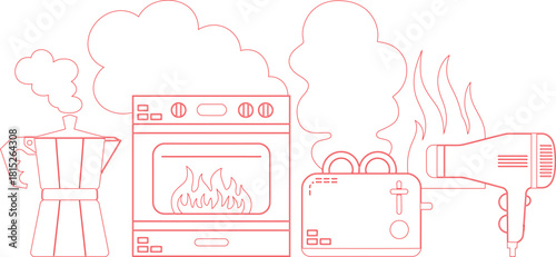 Red Outline Illustration of Appliances Coffee Maker, Oven with Flames, Toaster, and Hair Dryer